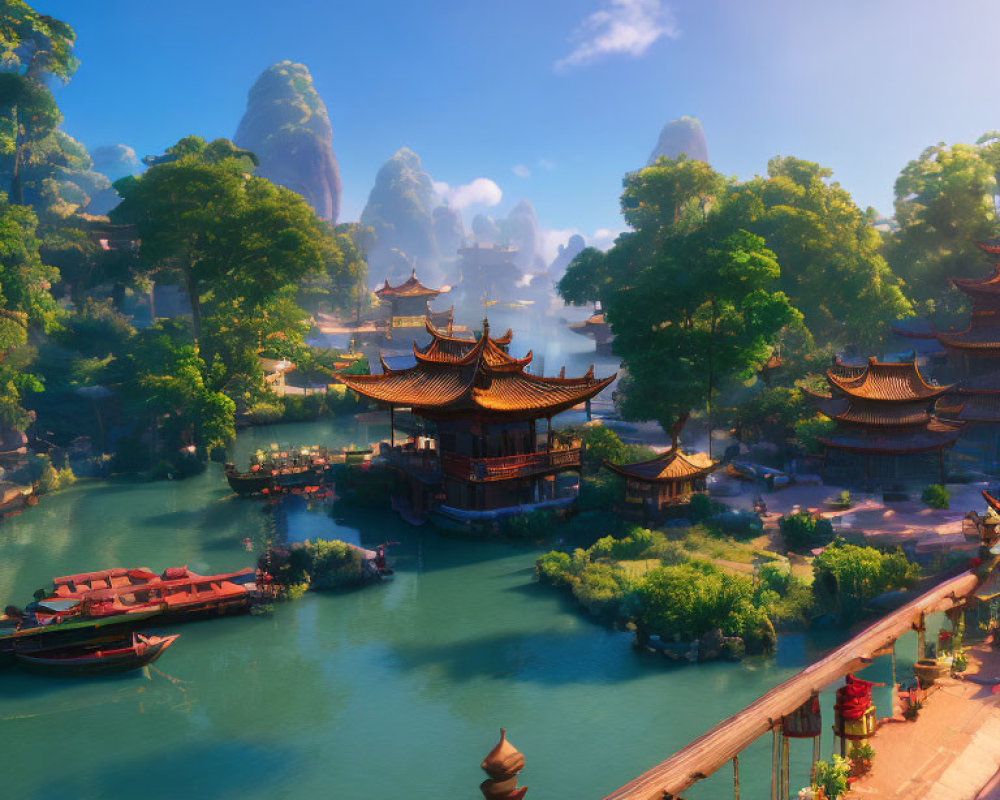 Tranquil Chinese waterfront with boats, bridge, and karst mountains