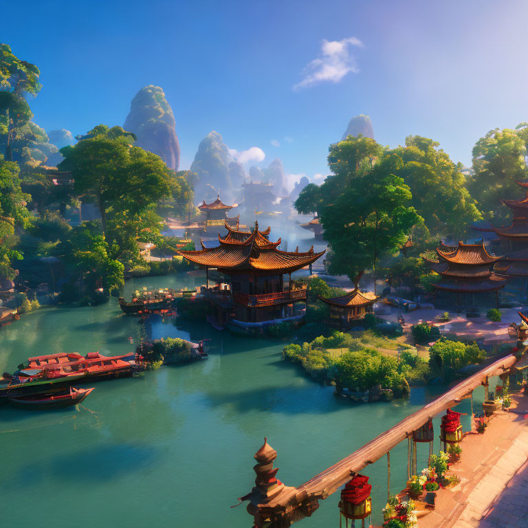 Tranquil Chinese waterfront with boats, bridge, and karst mountains