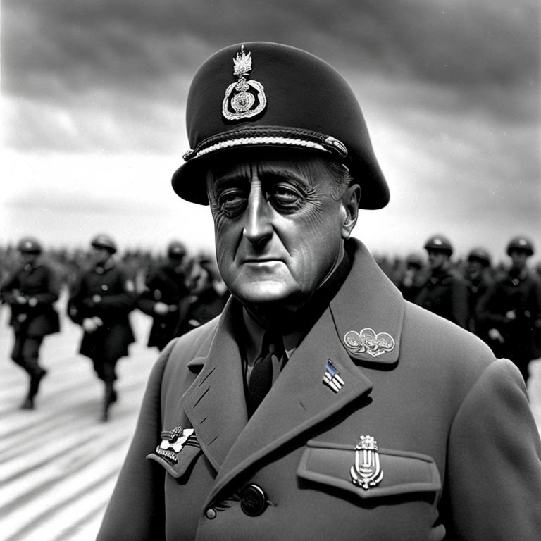 Decorated military officer in uniform with troops marching - Black and white photo