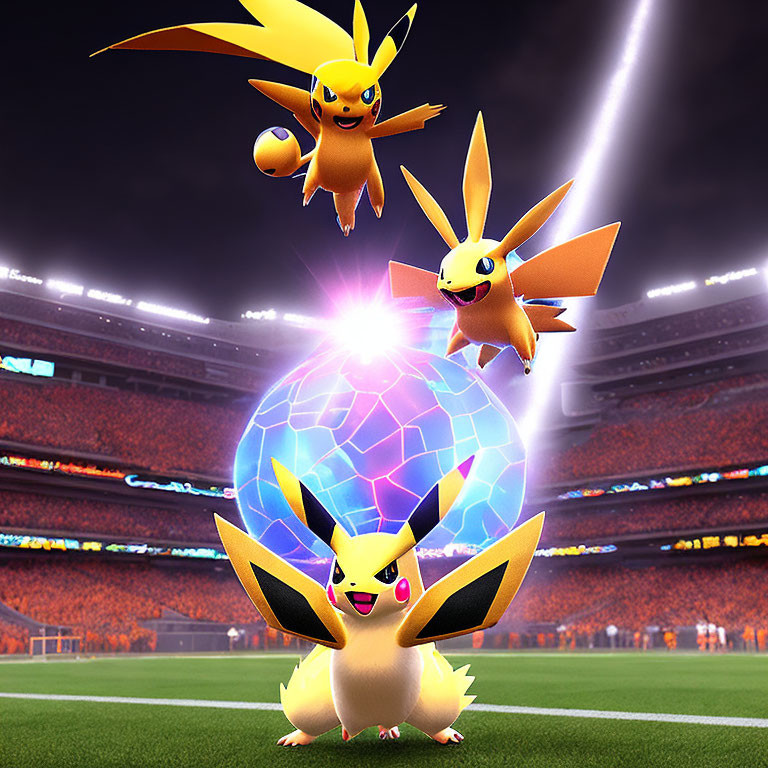 Dynamic Lighting Energizes Three Pikachu-Like Creatures in Stadium