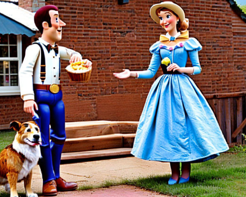 Life-sized toy character figures with real dog displayed outdoors