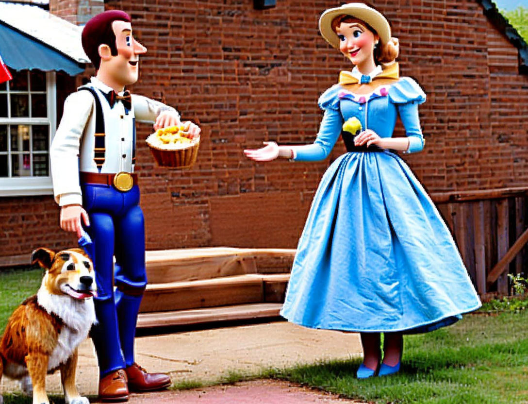 Life-sized toy character figures with real dog displayed outdoors