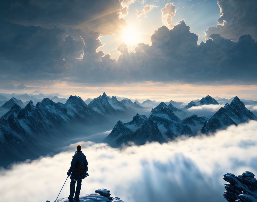 Climber on Mountain Summit at Sunset