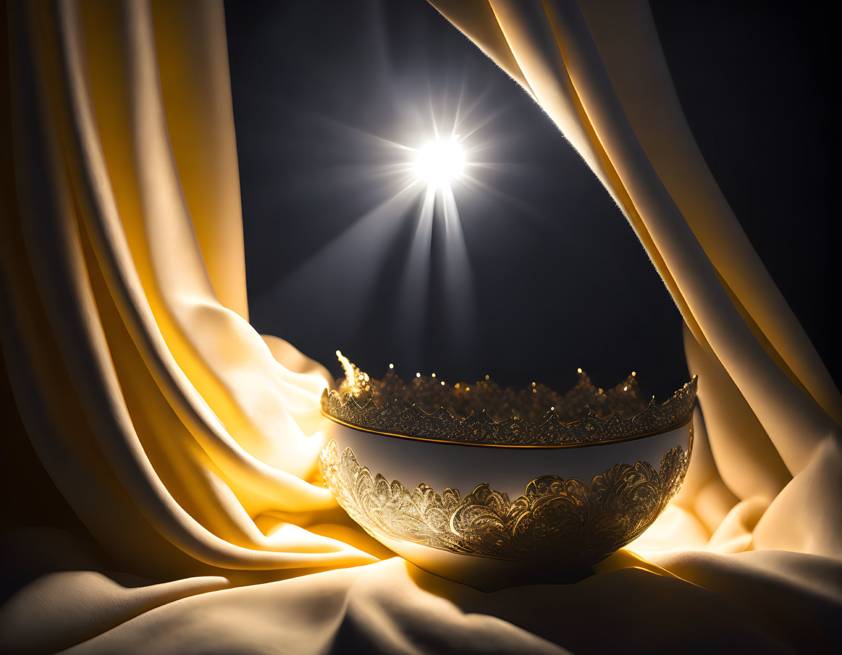 Golden bowl with sparkling light on cream drapes under radiant starburst