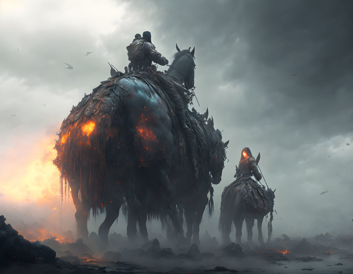 Armored knights on beast-like creatures in dystopian setting