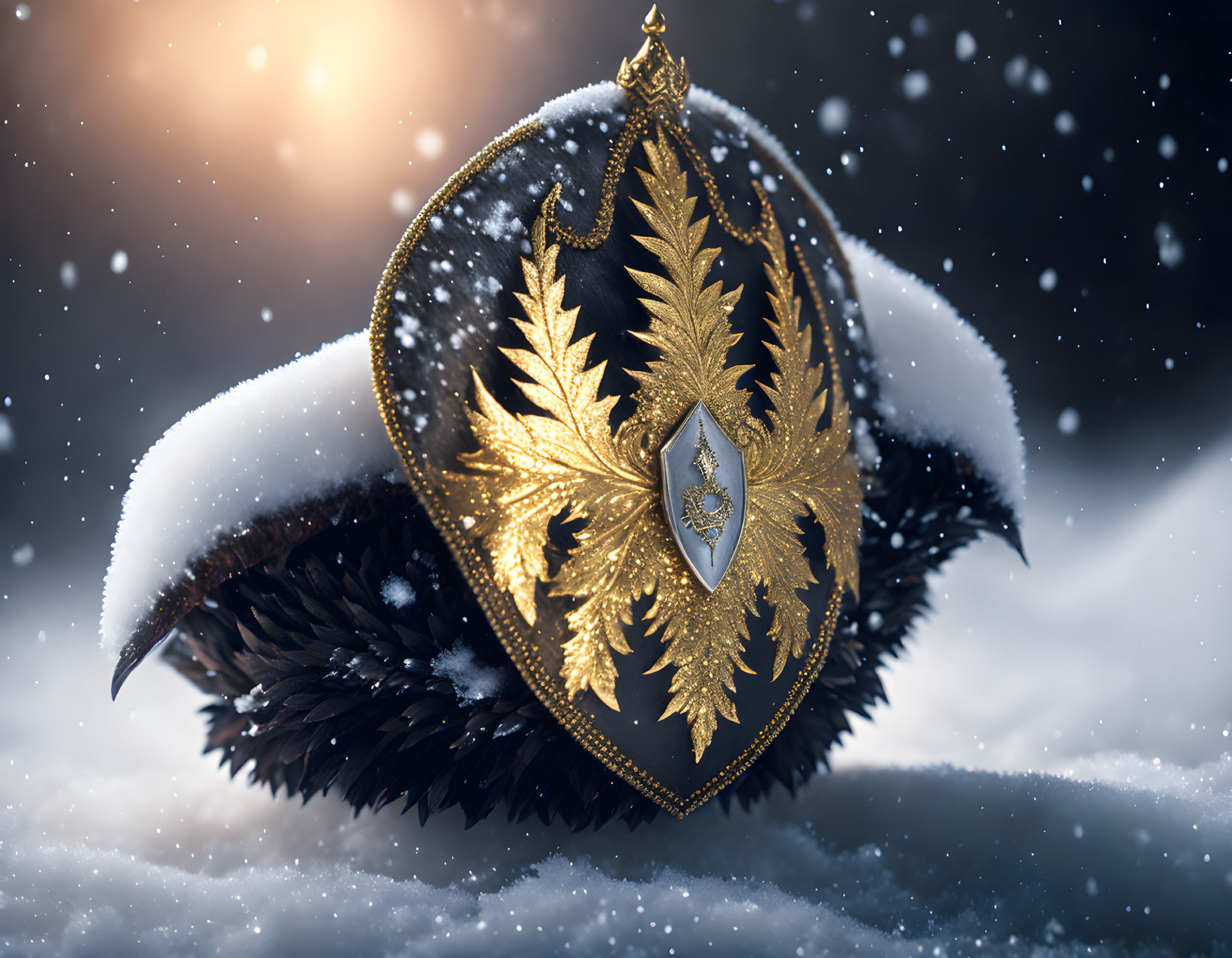 Golden leaf embellished shield with central crest in snow-covered setting