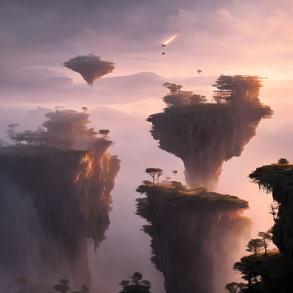 Fantasy landscape with floating islands and comet in glowing sunset sky