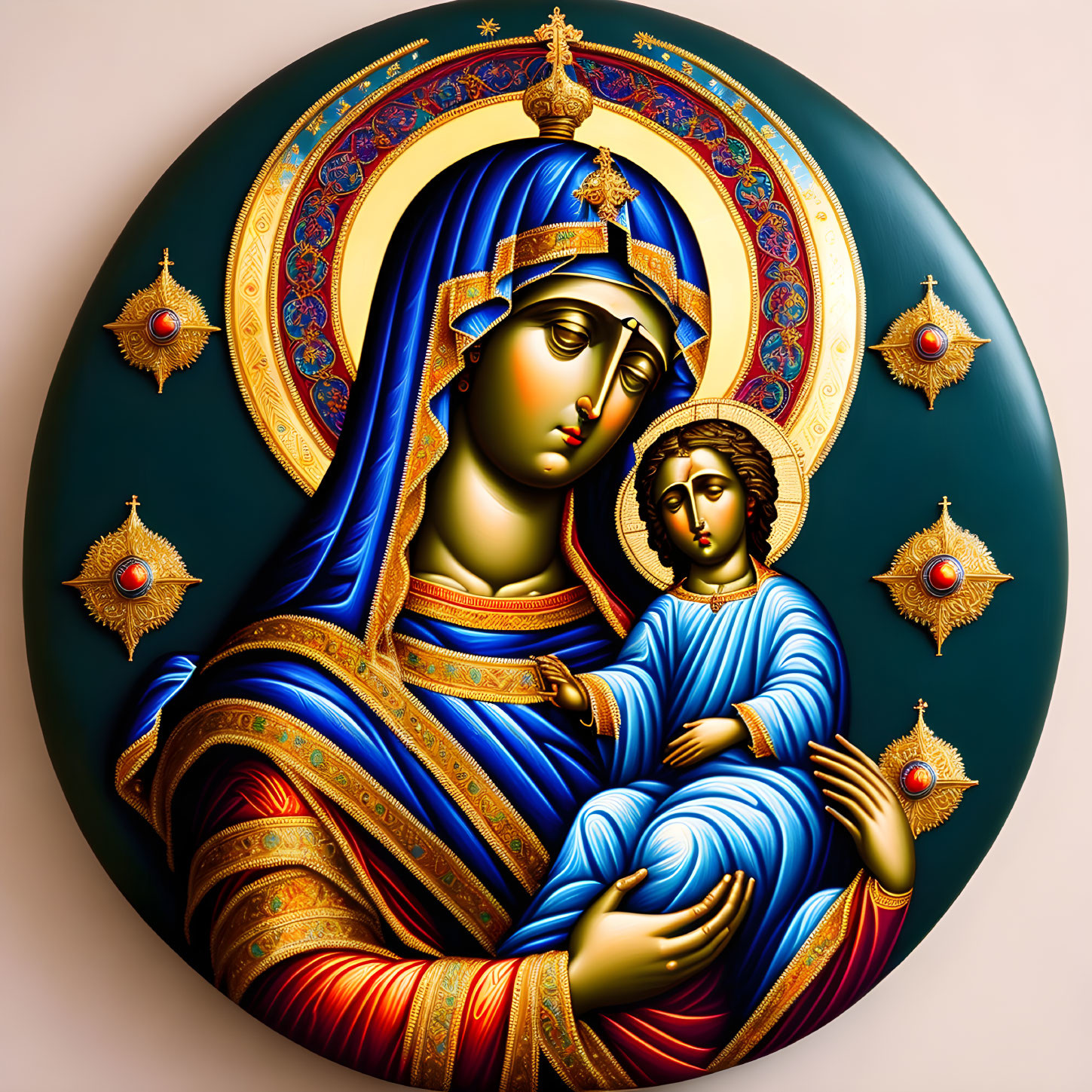 Golden haloed Virgin Mary holding baby Jesus against decorative backdrop