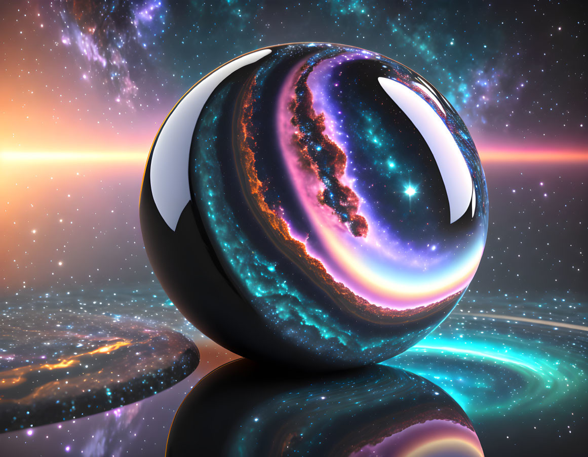 Reflective glossy sphere showcasing vibrant cosmic scene with swirling galaxies and stars.