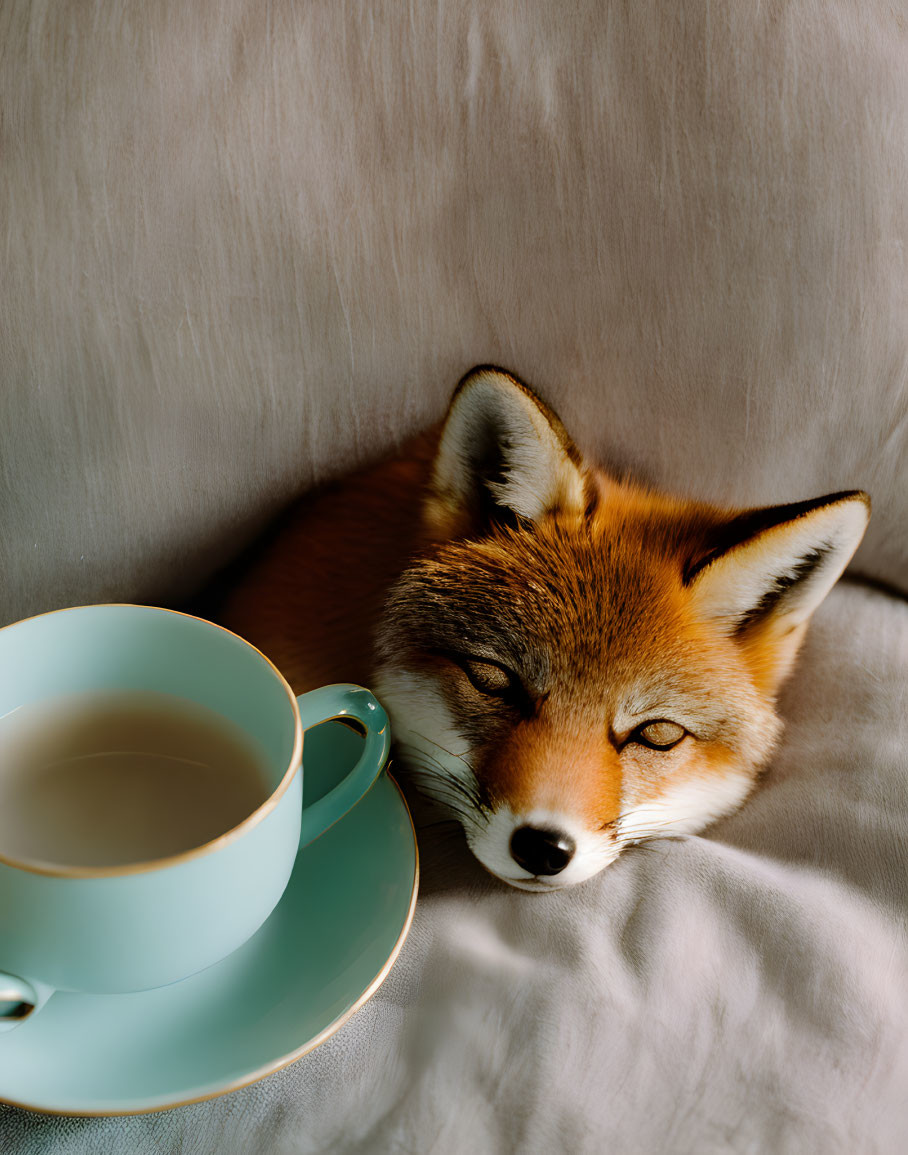 Fox resting by pastel cup on textured fabric in soft sunlight