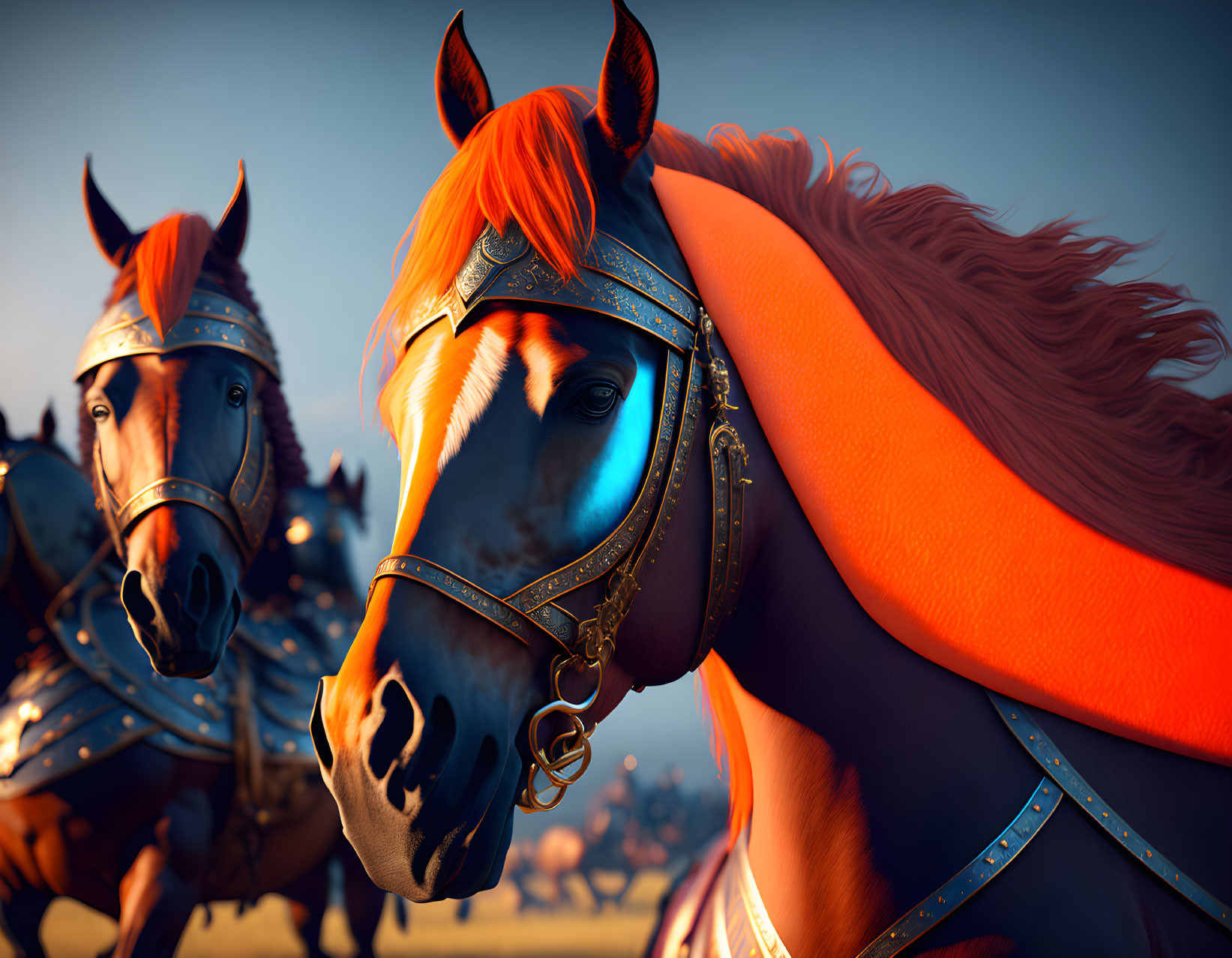 Armored horses with orange plumes in focus against blurred background