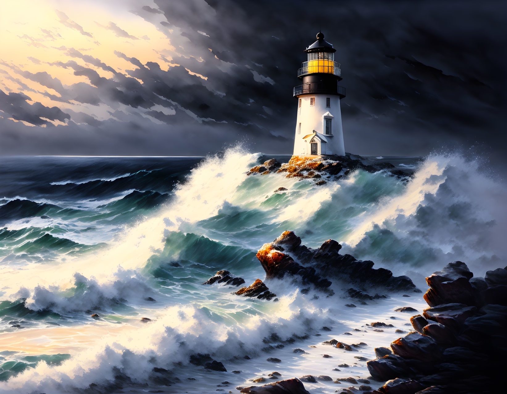 Dramatic seascape with lighthouse and stormy sky