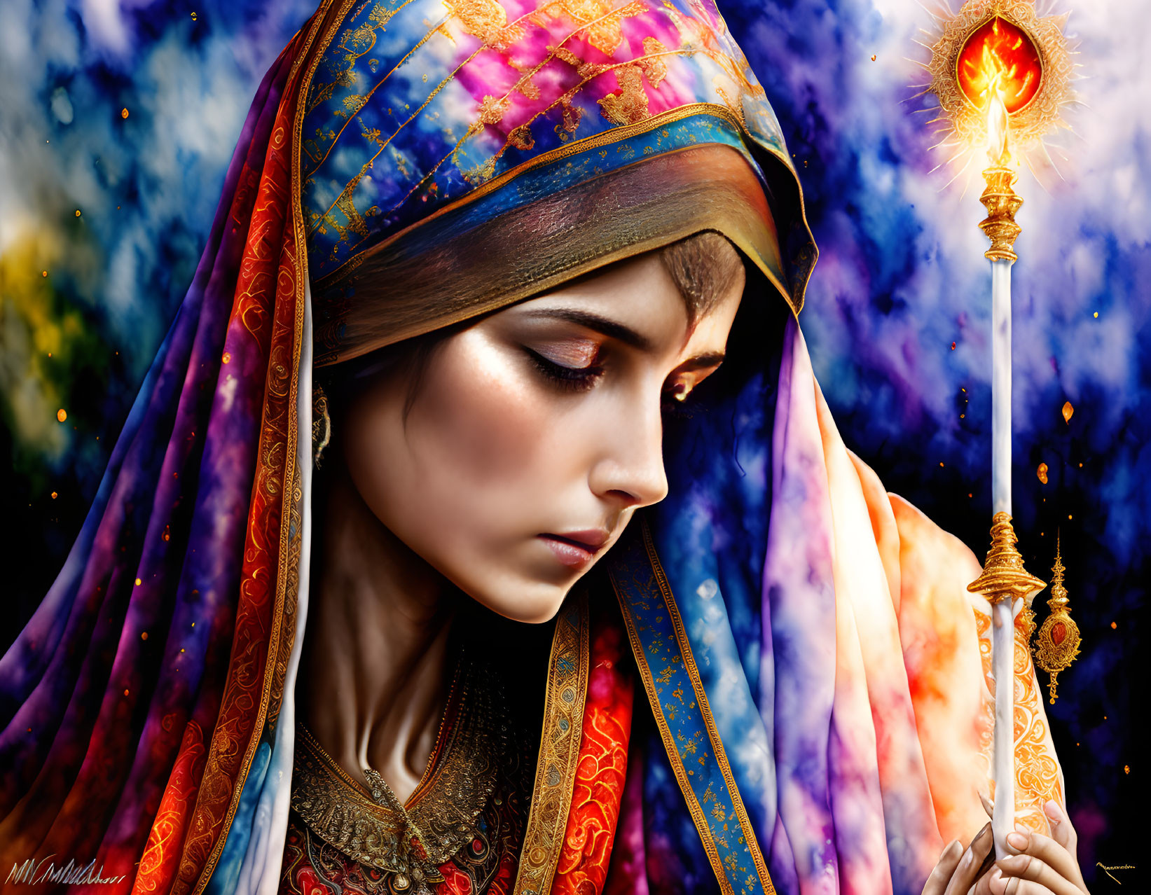 Colorful Headscarf Woman with Glowing Staff in Cosmic Setting