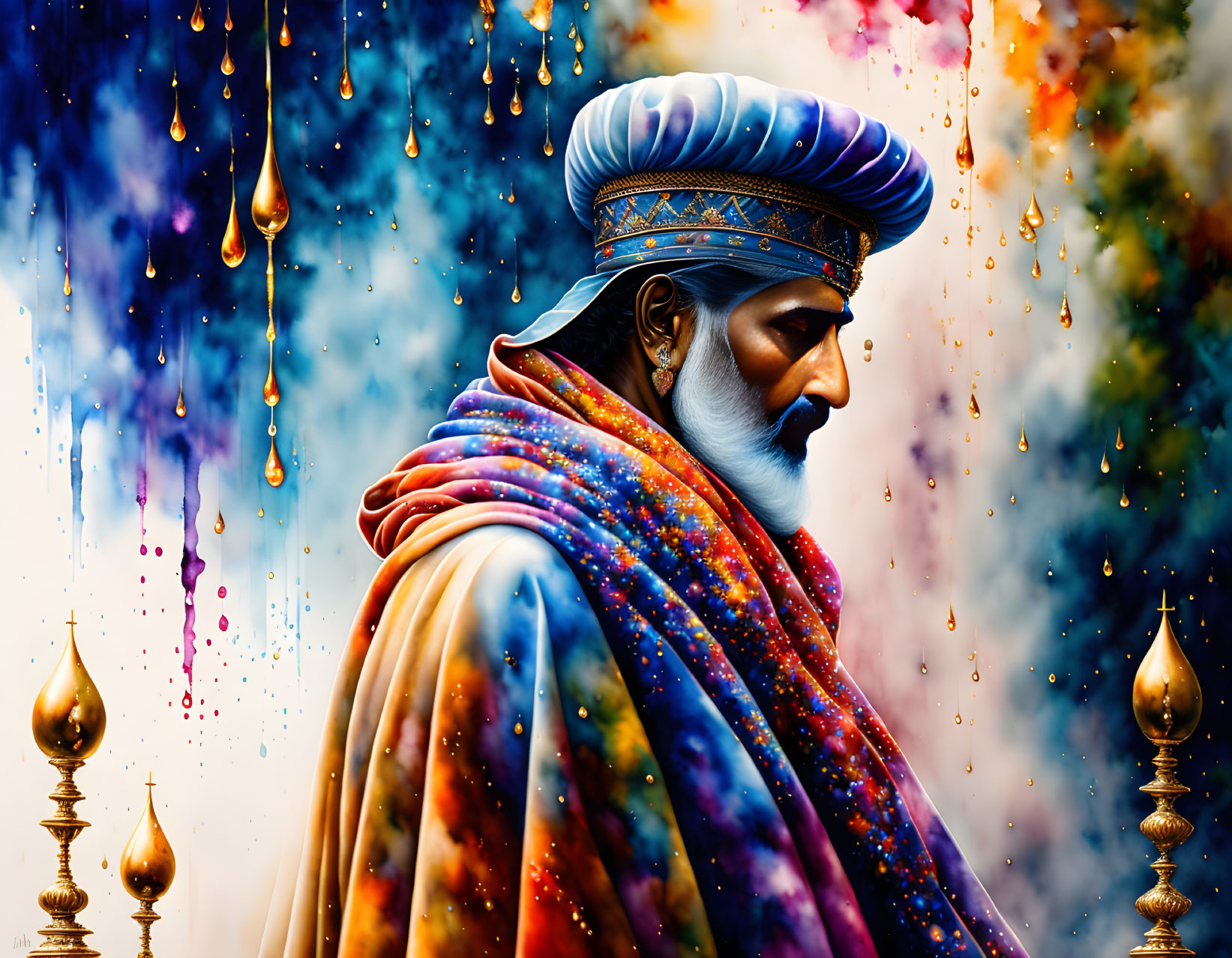 Colorful digital artwork: Bearded man in turban with cosmic patterns