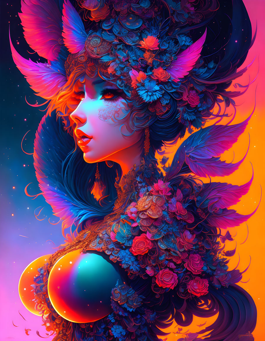 Colorful digital portrait of a woman with blue skin in floral headgear on neon background