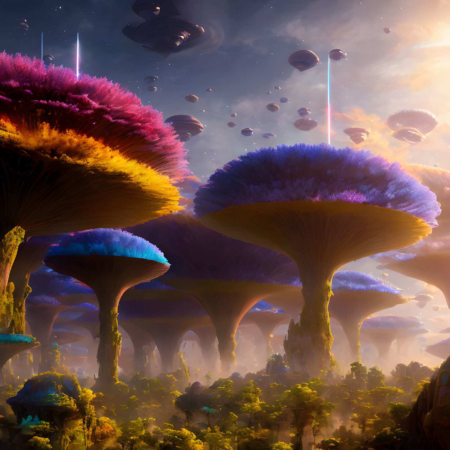 Alien landscape with giant mushroom flora, floating islands, and futuristic spacecrafts in golden sky