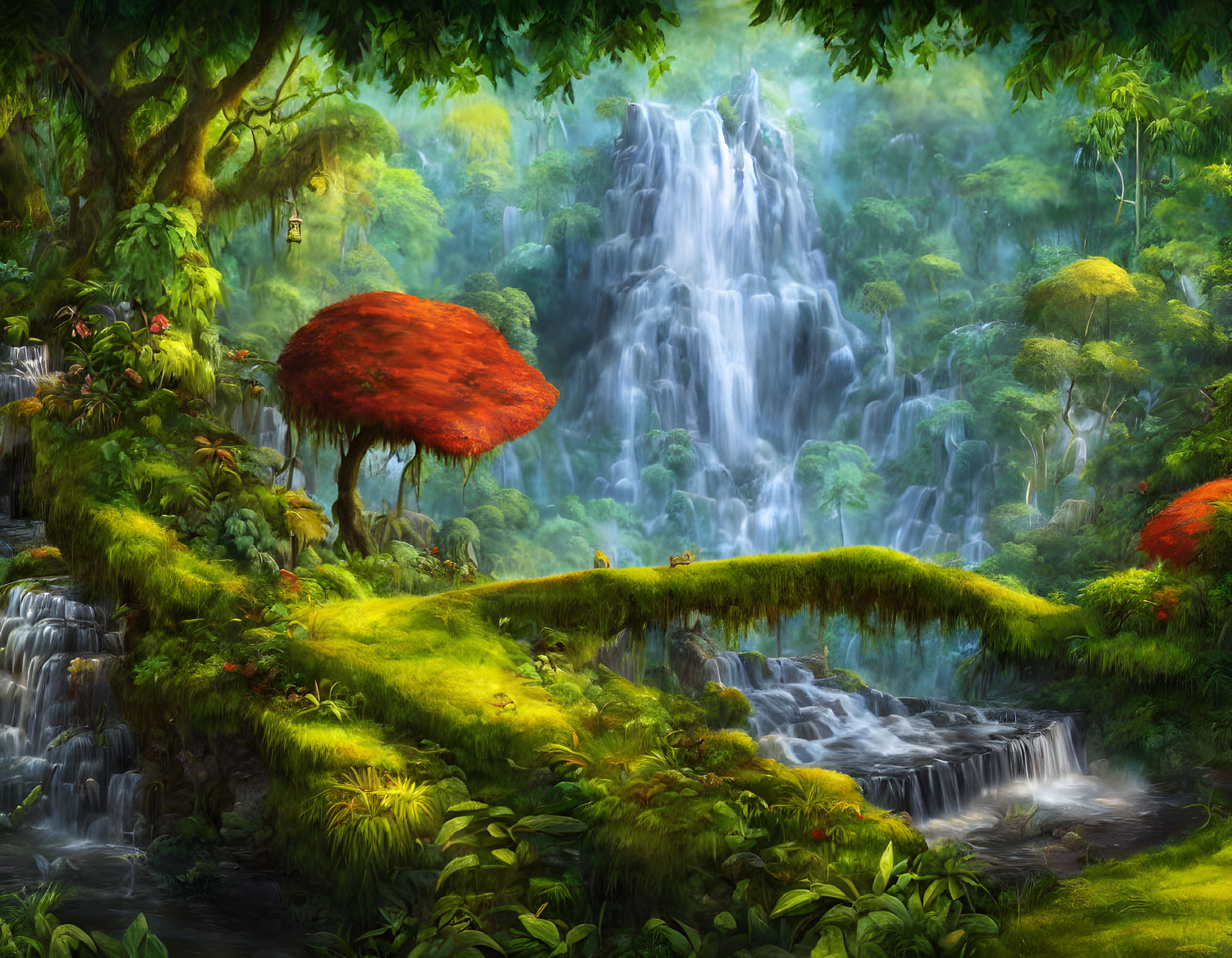 Vibrant forest scene with cascading waterfall and lush greenery