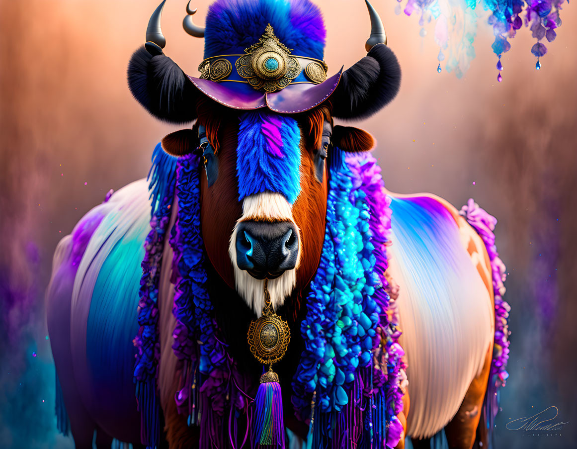 Vibrant blue and purple bull with golden ornaments and peacock feathers