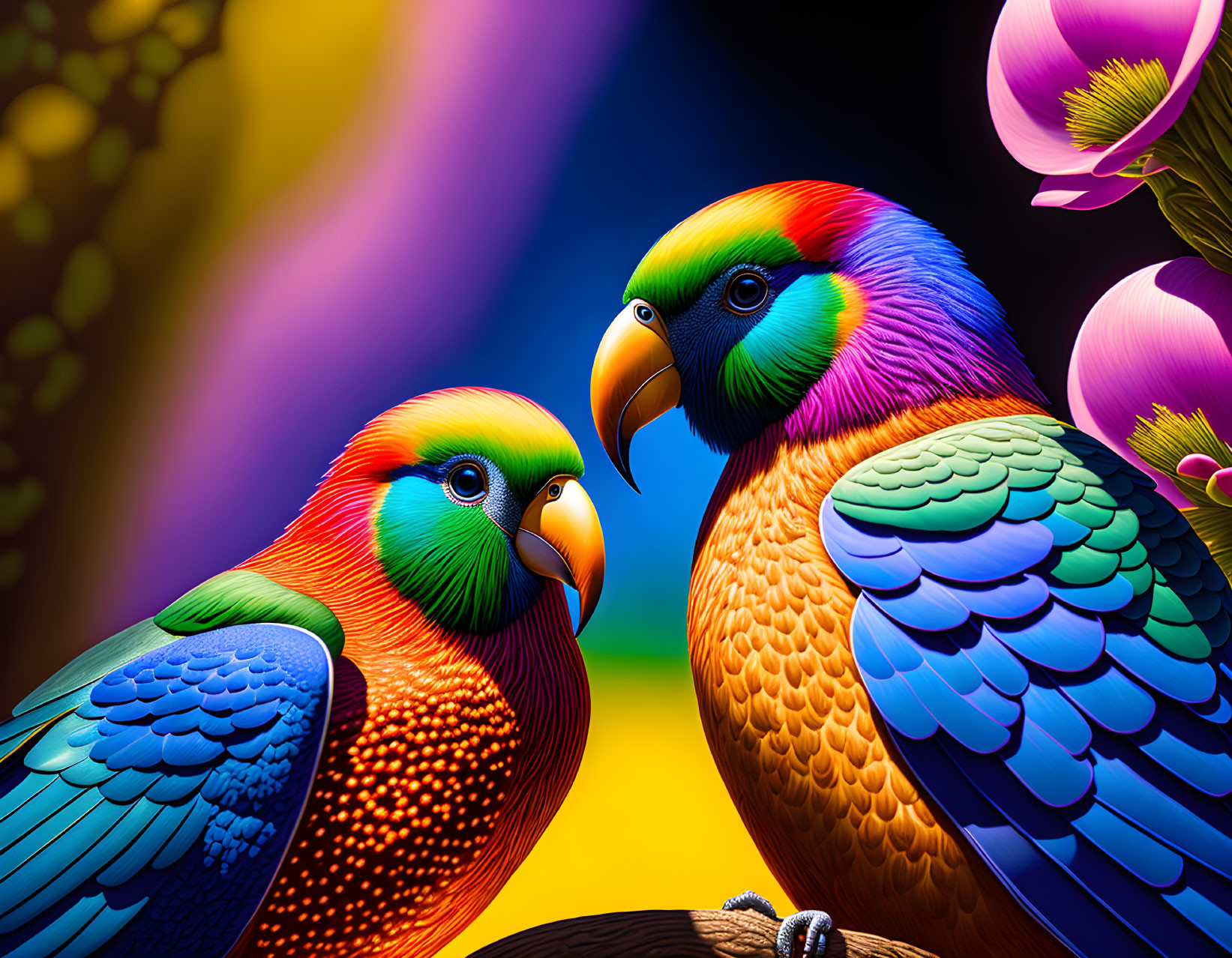 Colorful Rainbow Lorikeets perched among vibrant flowers and foliage