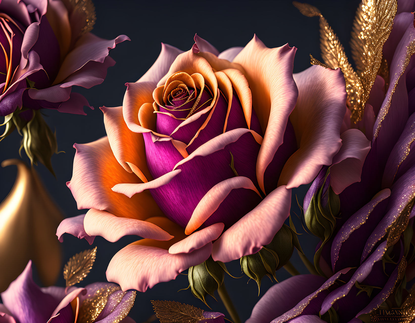 Multicolored rose with orange and purple petals in close-up shot