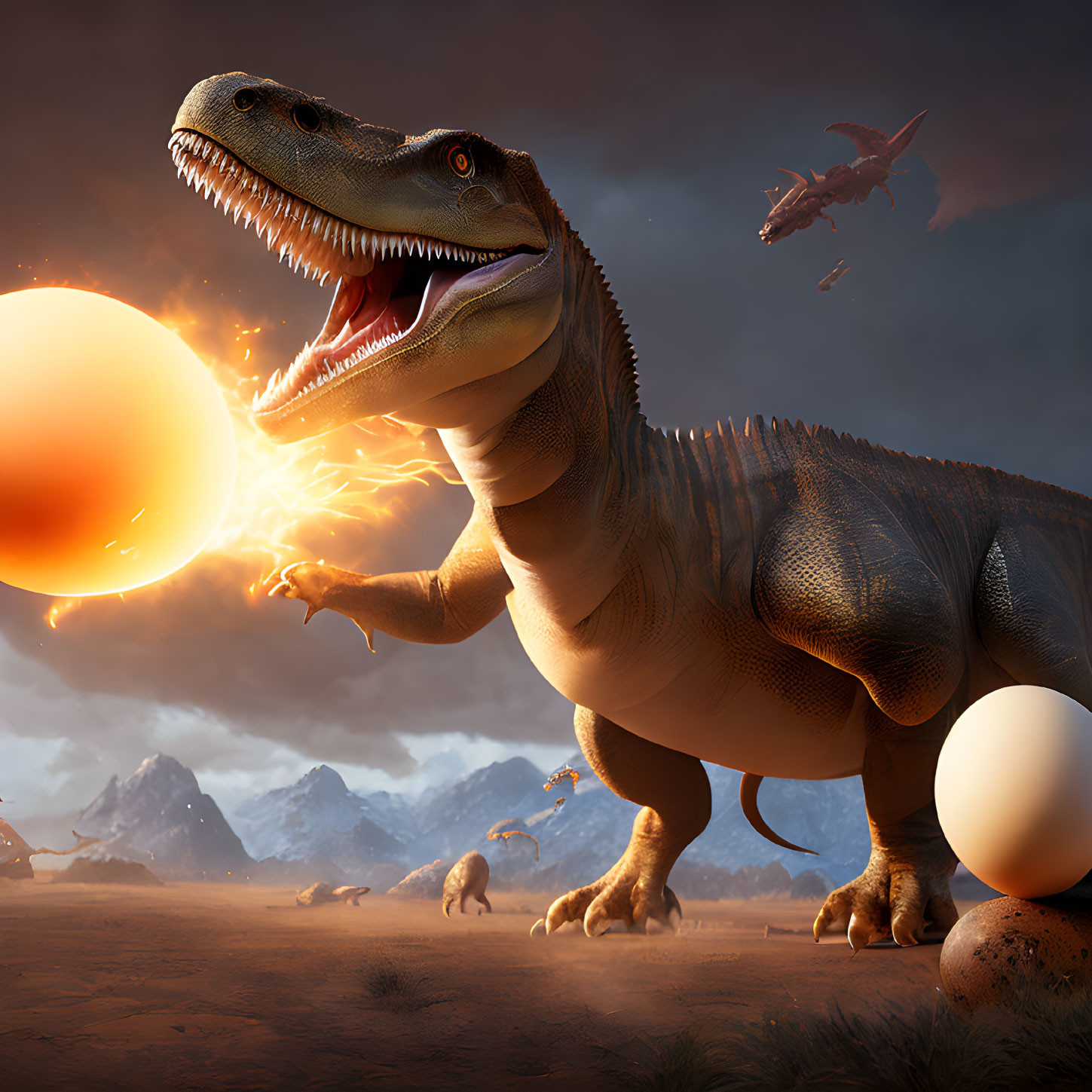 Realistic Tyrannosaurus rex with eggs on prehistoric landscape.