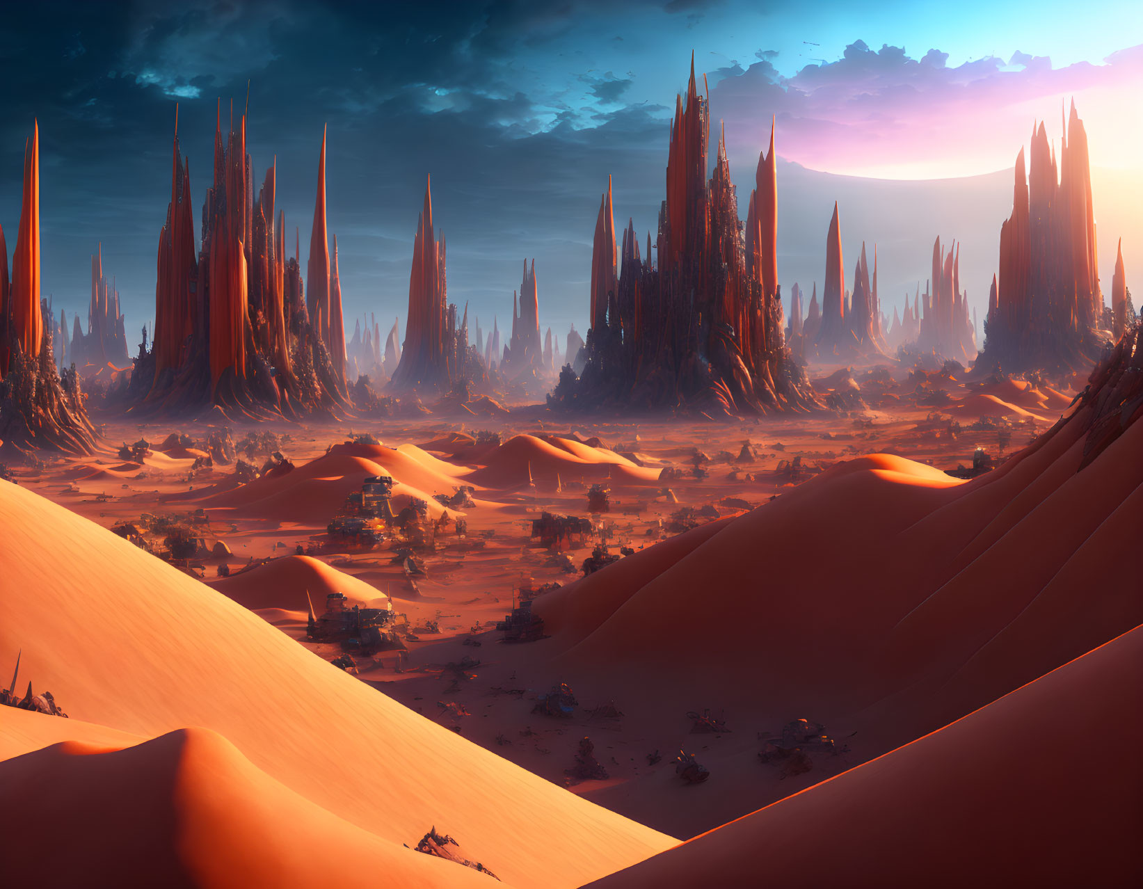 Futuristic desert landscape with towering spires and pink-hued sky