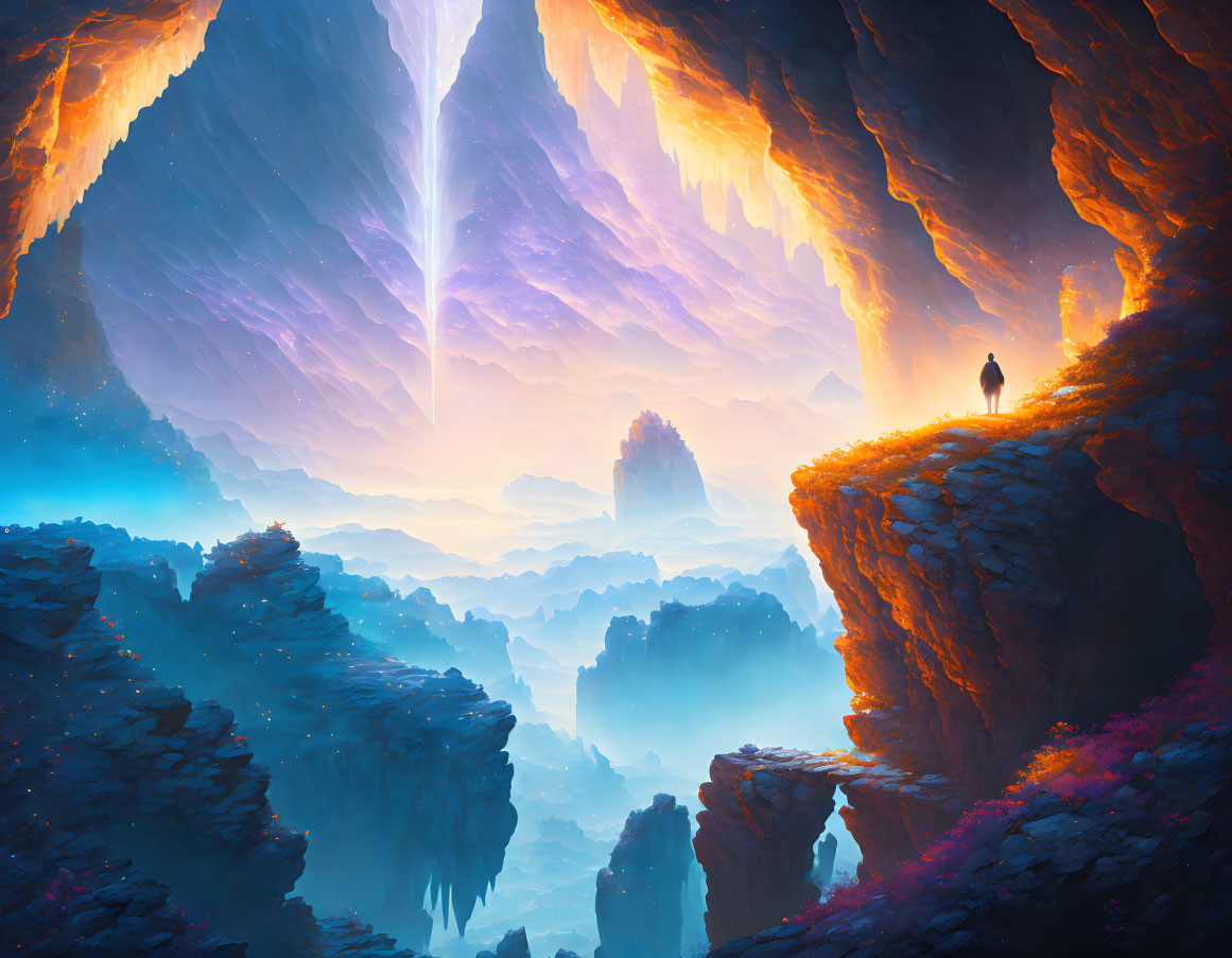 Figure in vibrant cave overlooking floating islands under cosmic sky