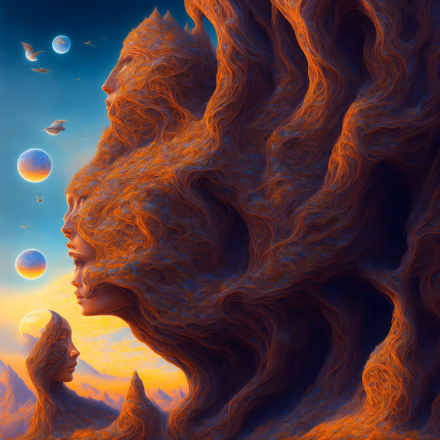 Surreal artwork: faces blended with fiery textures on blue sky