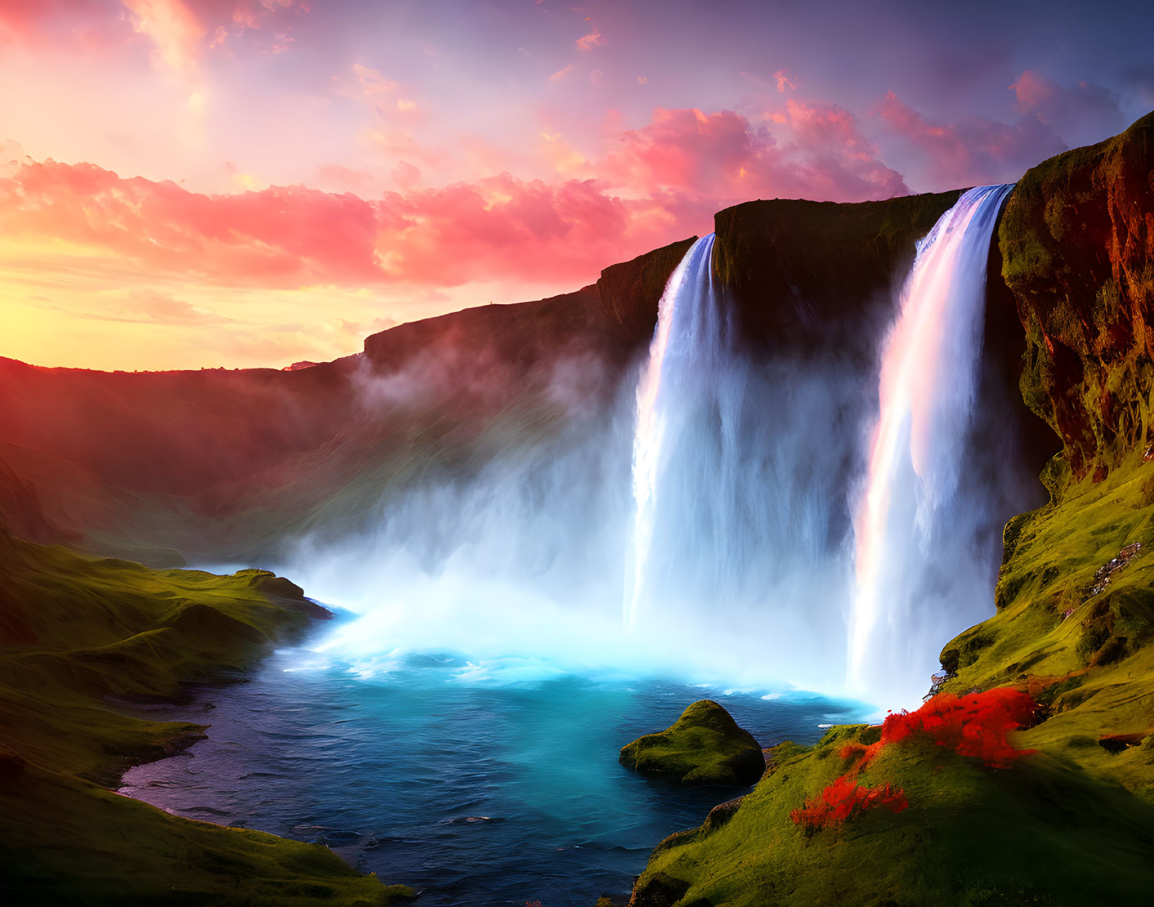 Dual waterfalls cascade into serene river amid green landscapes at fiery sunset