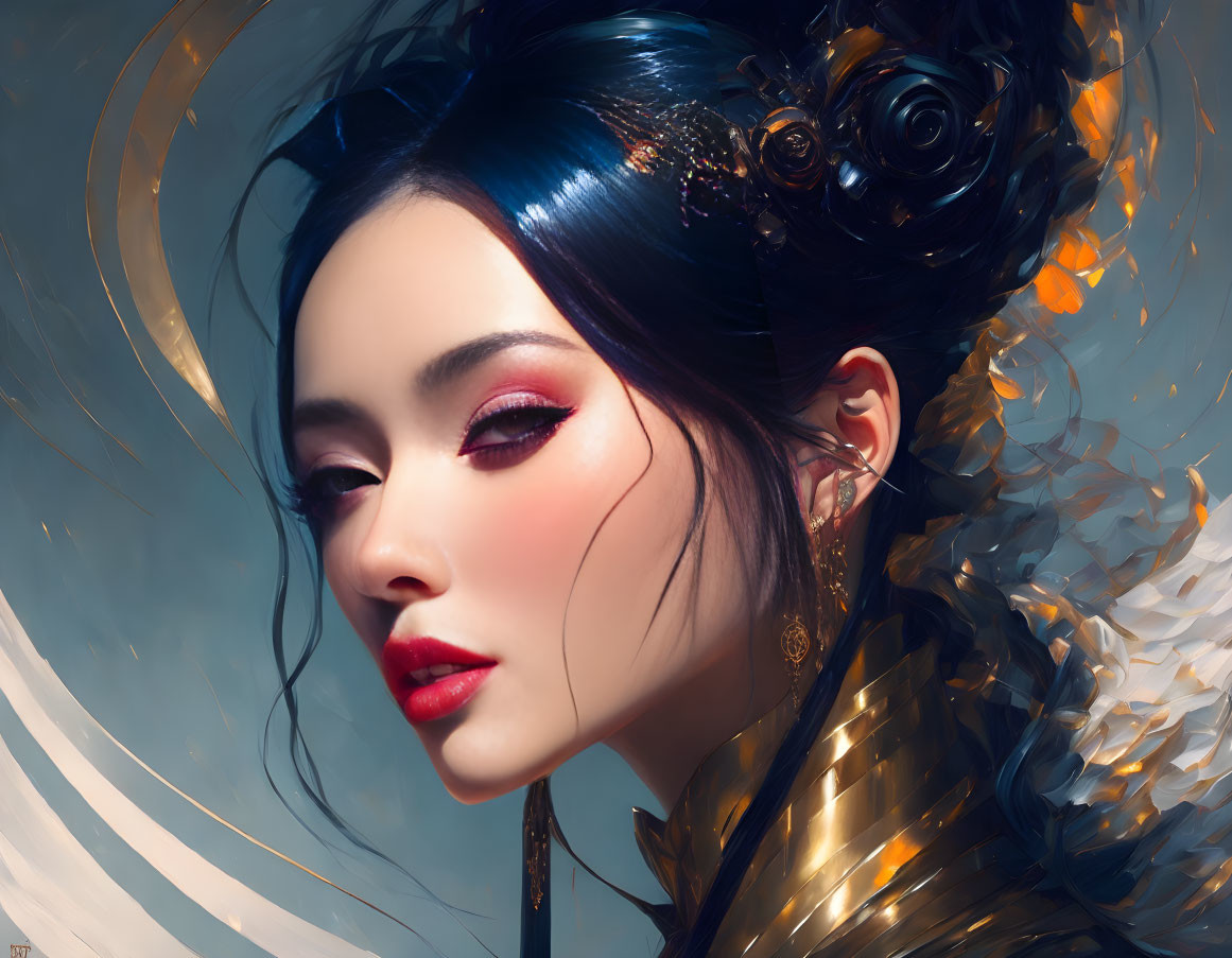 Digital Artwork: Woman with Elaborate Hairstyle & Golden Feathered Accessory