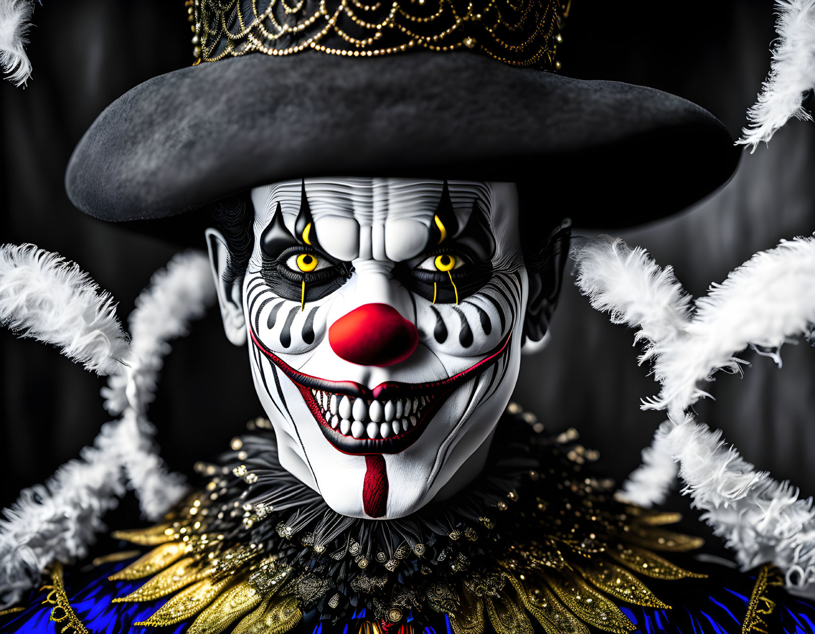 Clown makeup with white face, red nose, intense eyes, decorative hat, and feathers.