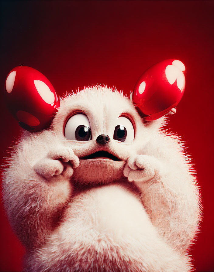 Fluffy white creature holding red mushrooms on red background