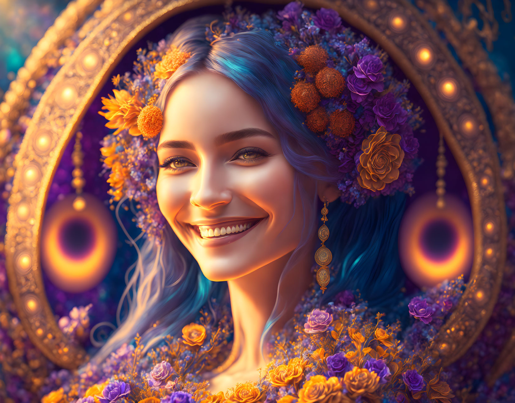 Colorful illustration of a smiling woman with floral frame and glowing orbs