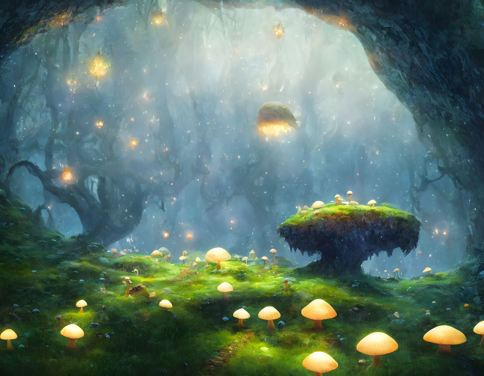 Enchanting forest glade with glowing mushrooms and floating islands