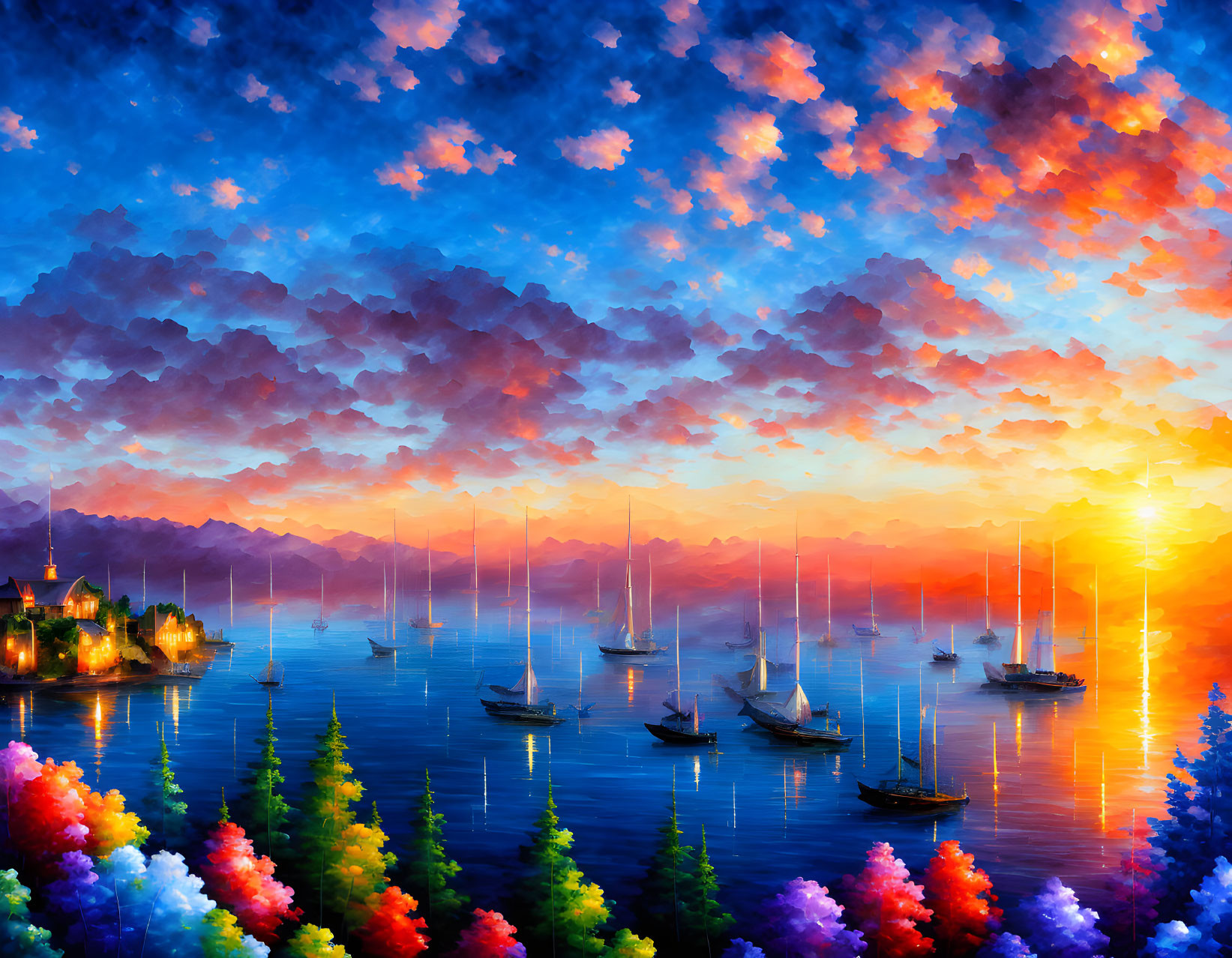 Colorful digital sunset painting with boats, clouds, coastal town, and mountains.