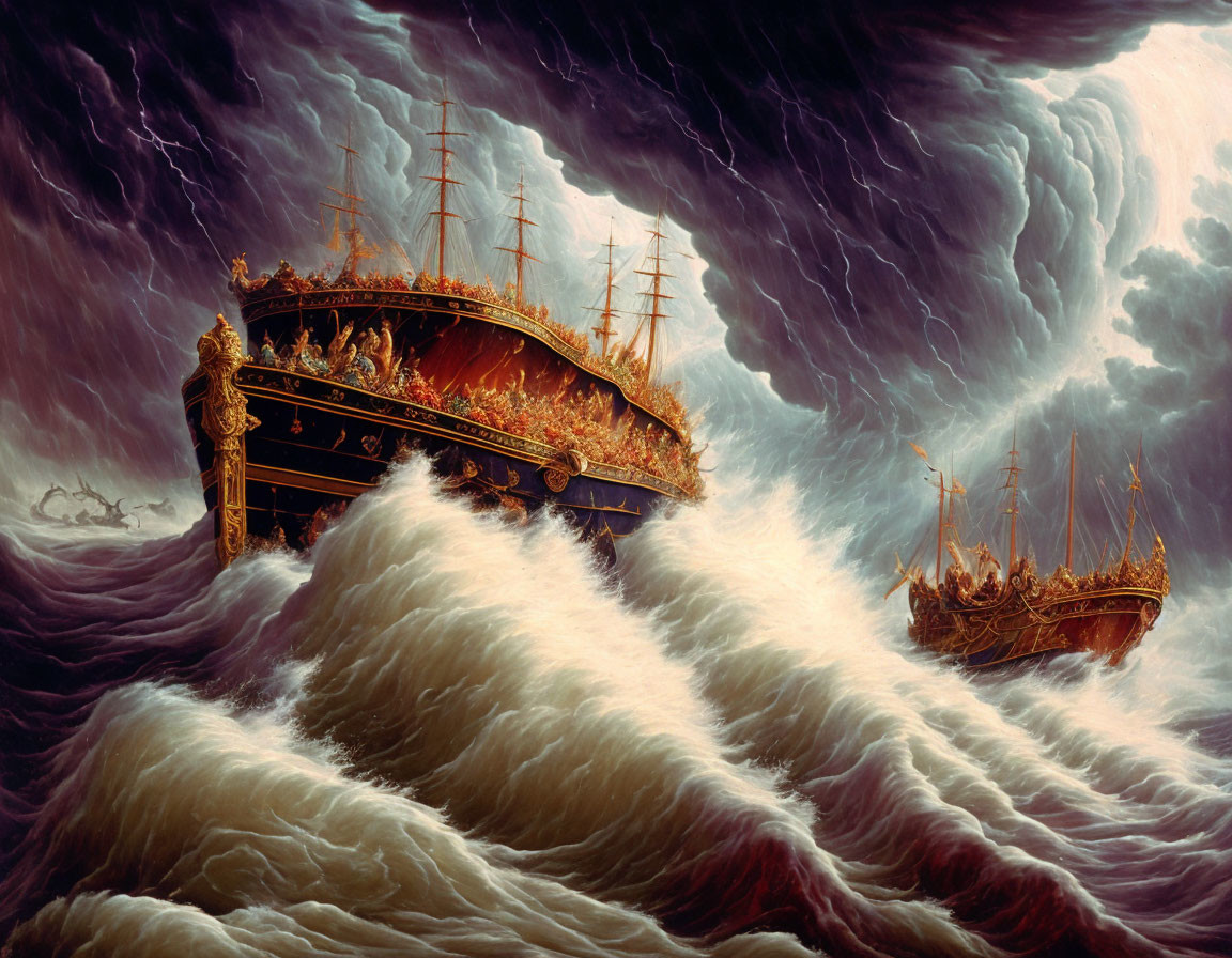 Stormy Seascape: Large Burning Ship Amidst Turbulent Waters