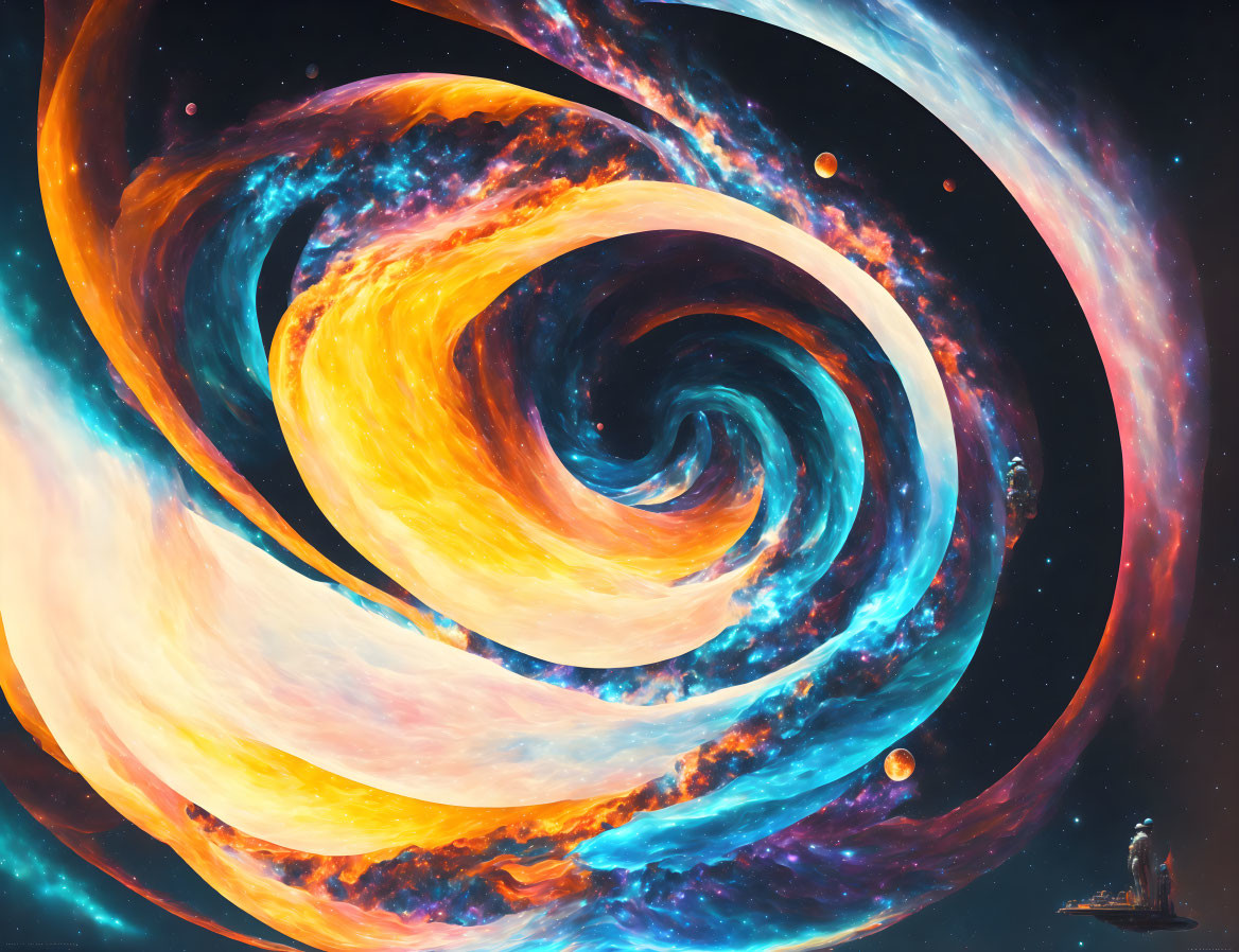 Colorful Cosmic Swirl with Planets and Lone Figure