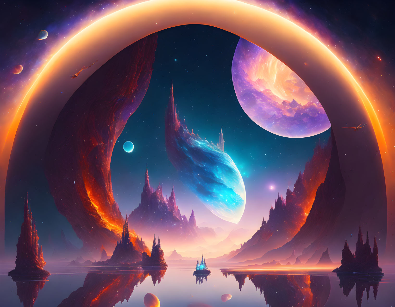 Colorful sci-fi landscape with ringed planet, moons, and serene lake creates alien tranquility