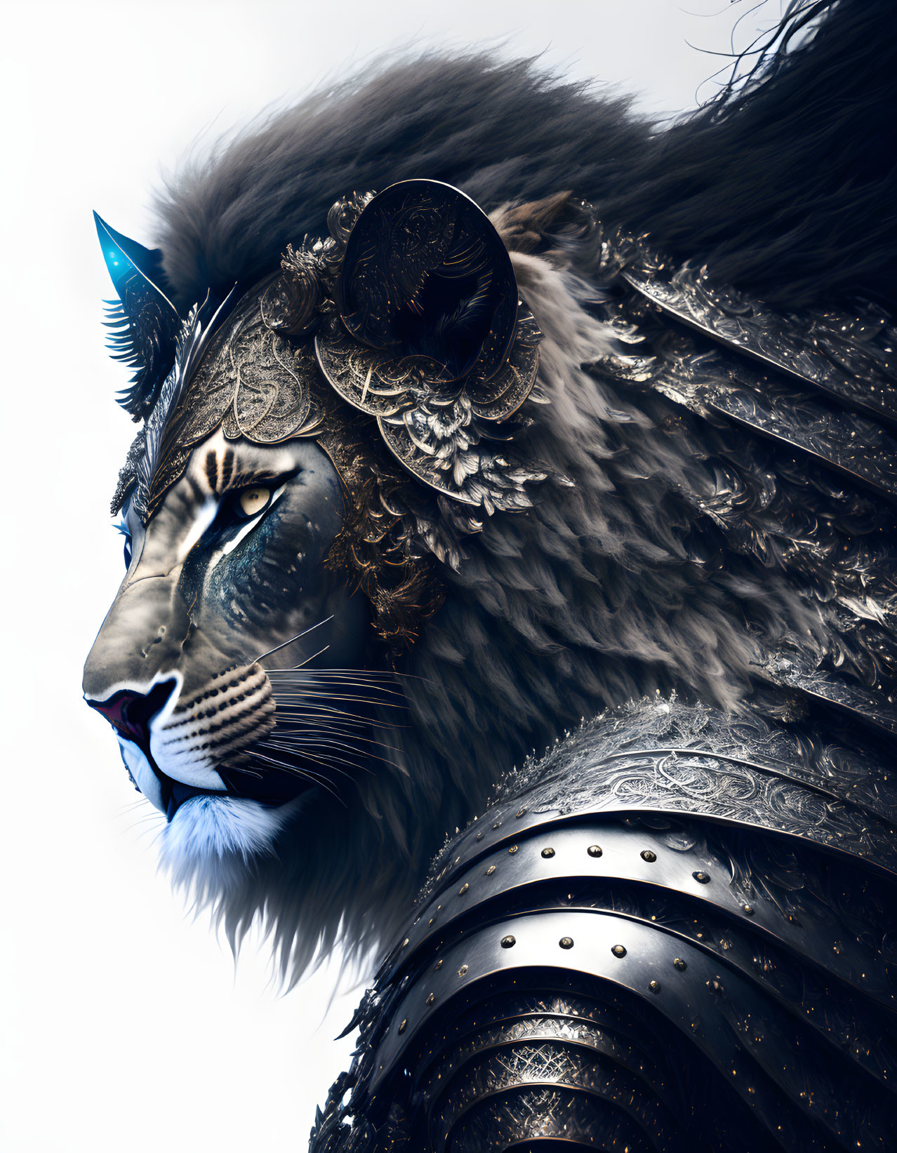 Regal lion in dark metallic armor exuding power