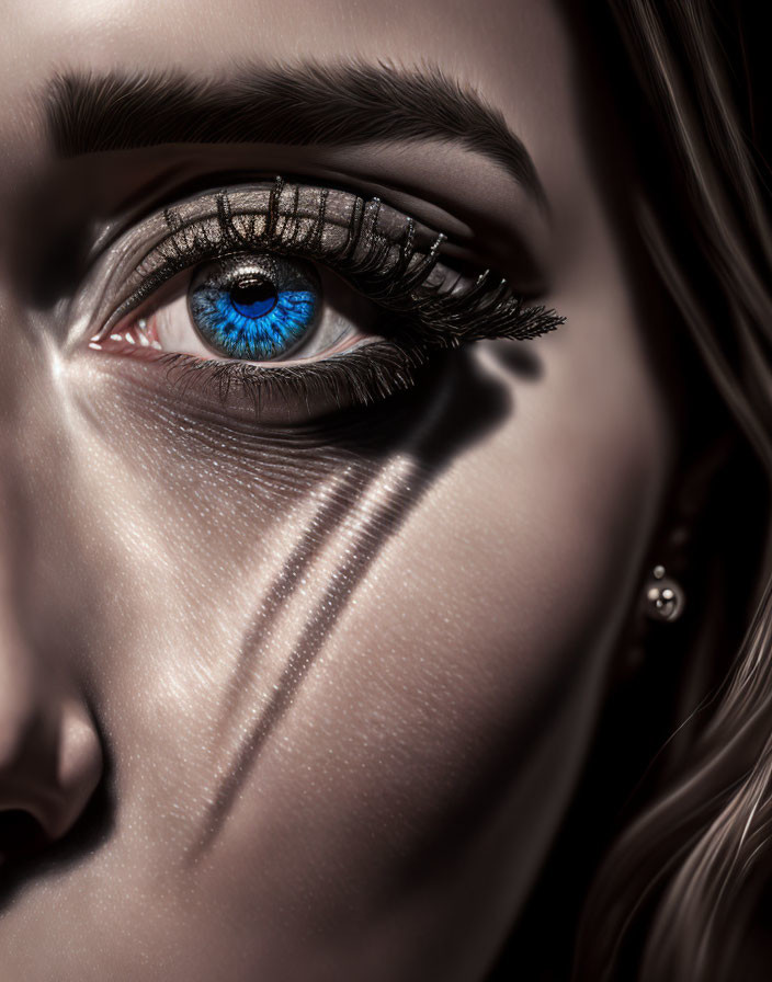 Detailed close-up of person's vivid blue eye with striped shadows.