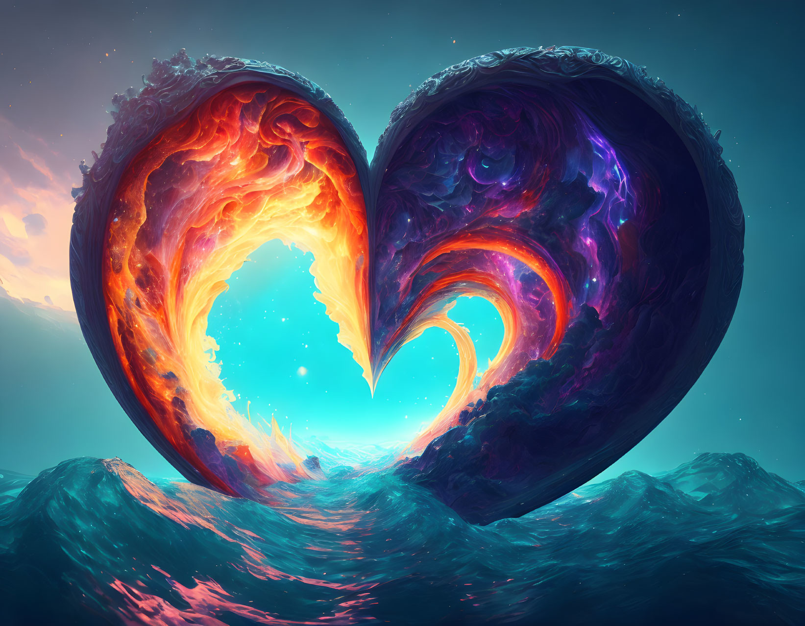 Heart-shaped crest wave with fiery and water elements under starry sky