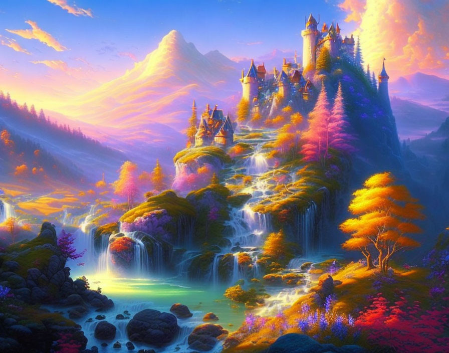 Majestic castle in vibrant fantasy landscape