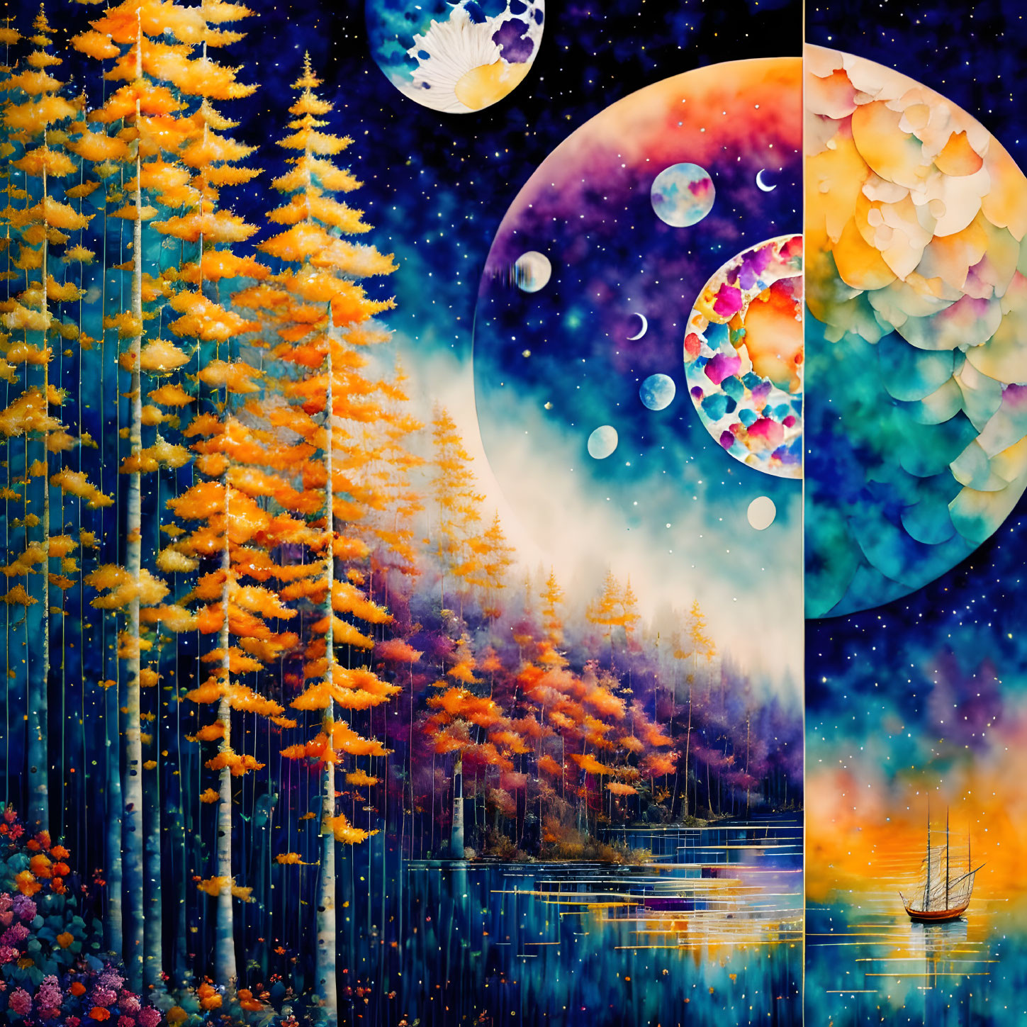 Surreal autumn landscape with misty lake, bubbles, planets, and sailing ship