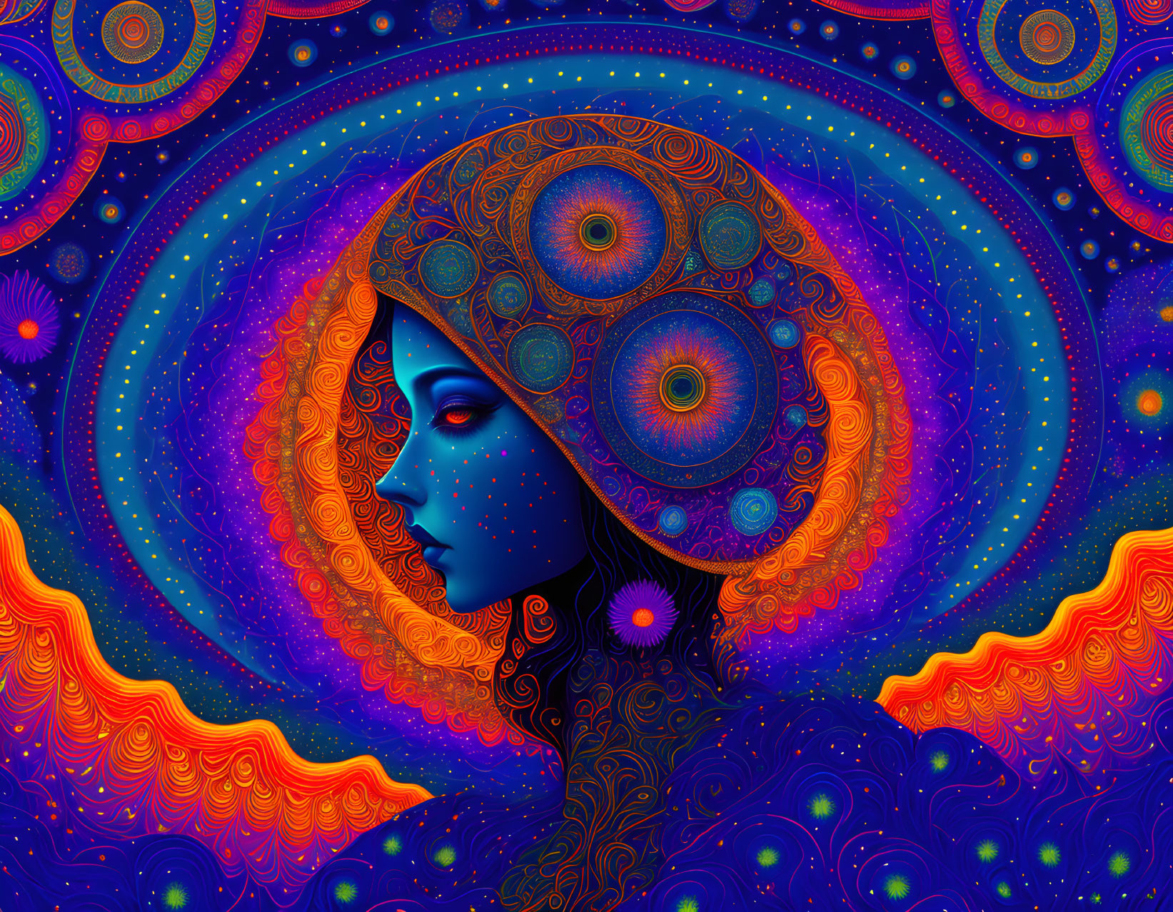 Colorful digital artwork: Woman's profile with psychedelic patterns in blue and orange