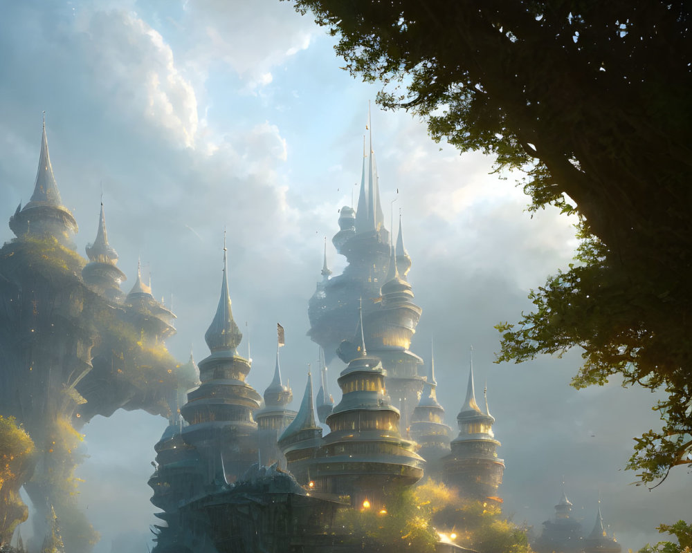 Mystical floating castle with spires in ethereal light