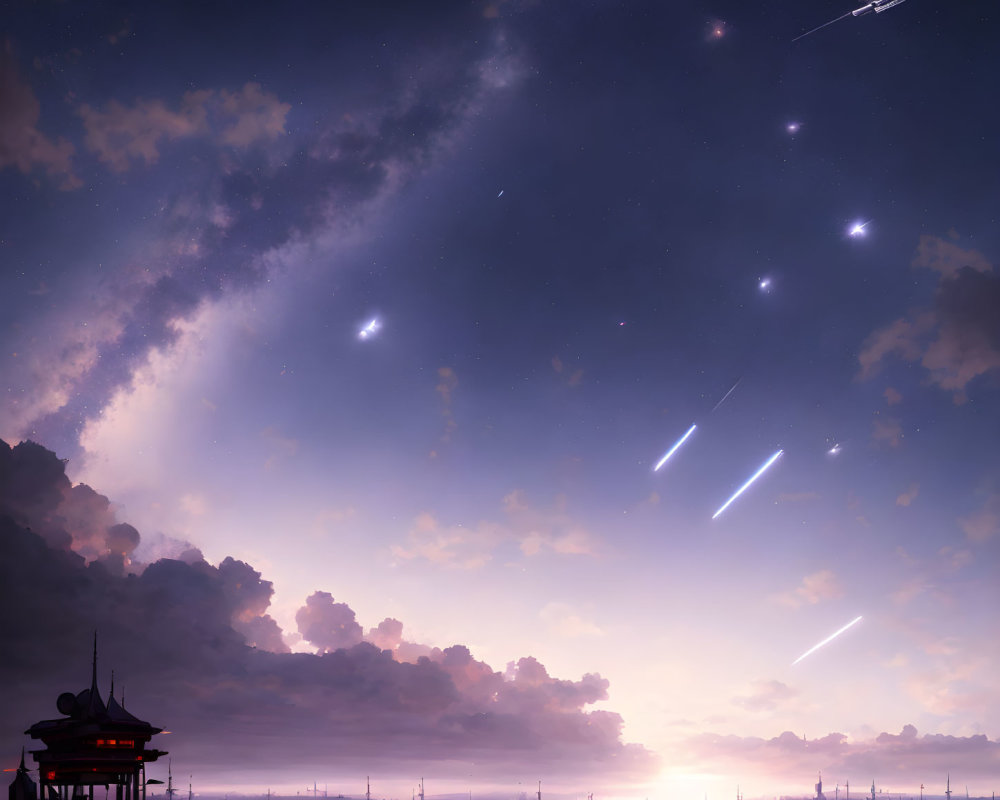 Twilight sky over serene cityscape with meteorites and Asian-style architecture.