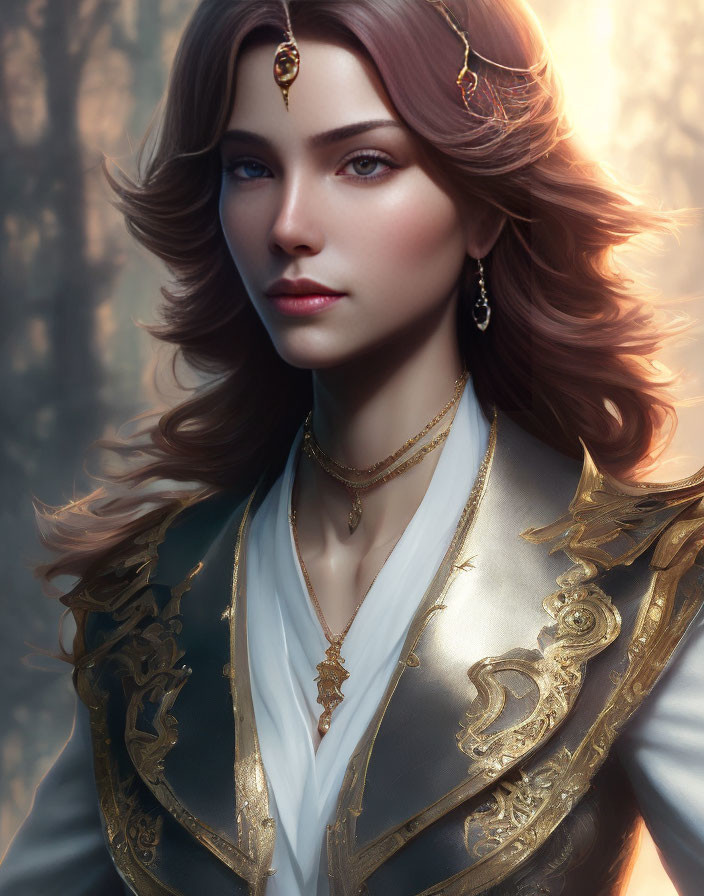 Brown-haired woman in ornate white coat with golden jewelry, digital portrait in forest setting