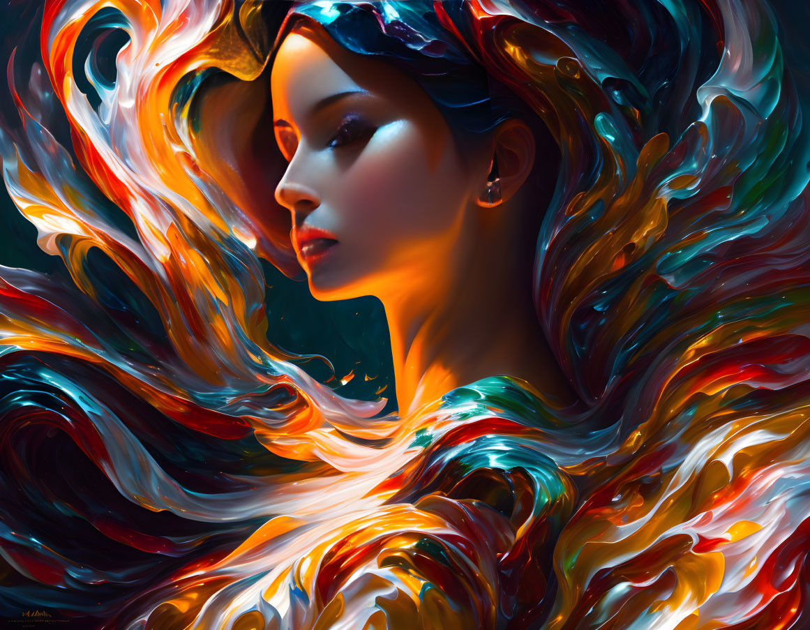 Colorful digital portrait of a woman with flowing multicolored hair and swirling scarf