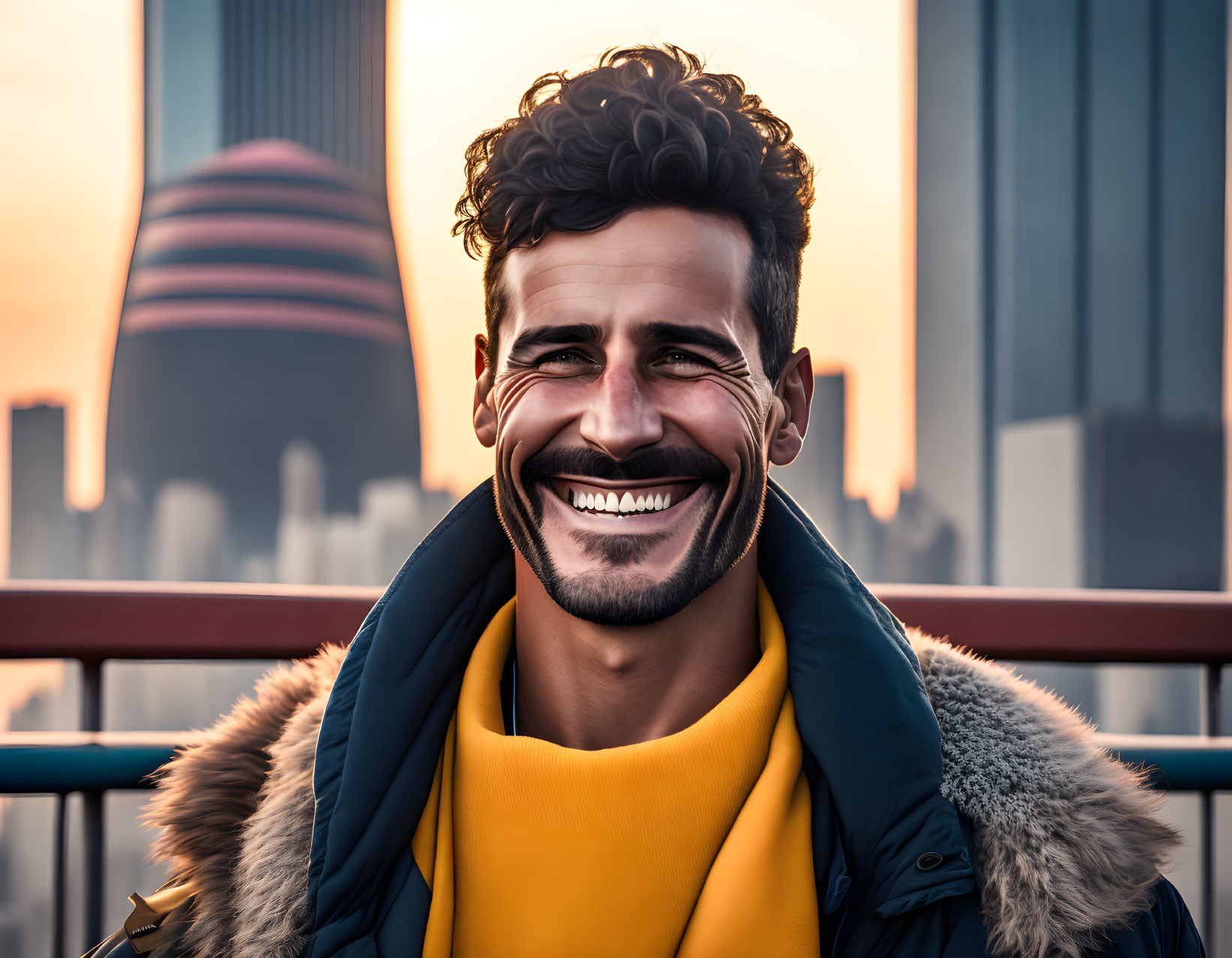 Smiling man in yellow sweater and blue coat against cityscape at sunset