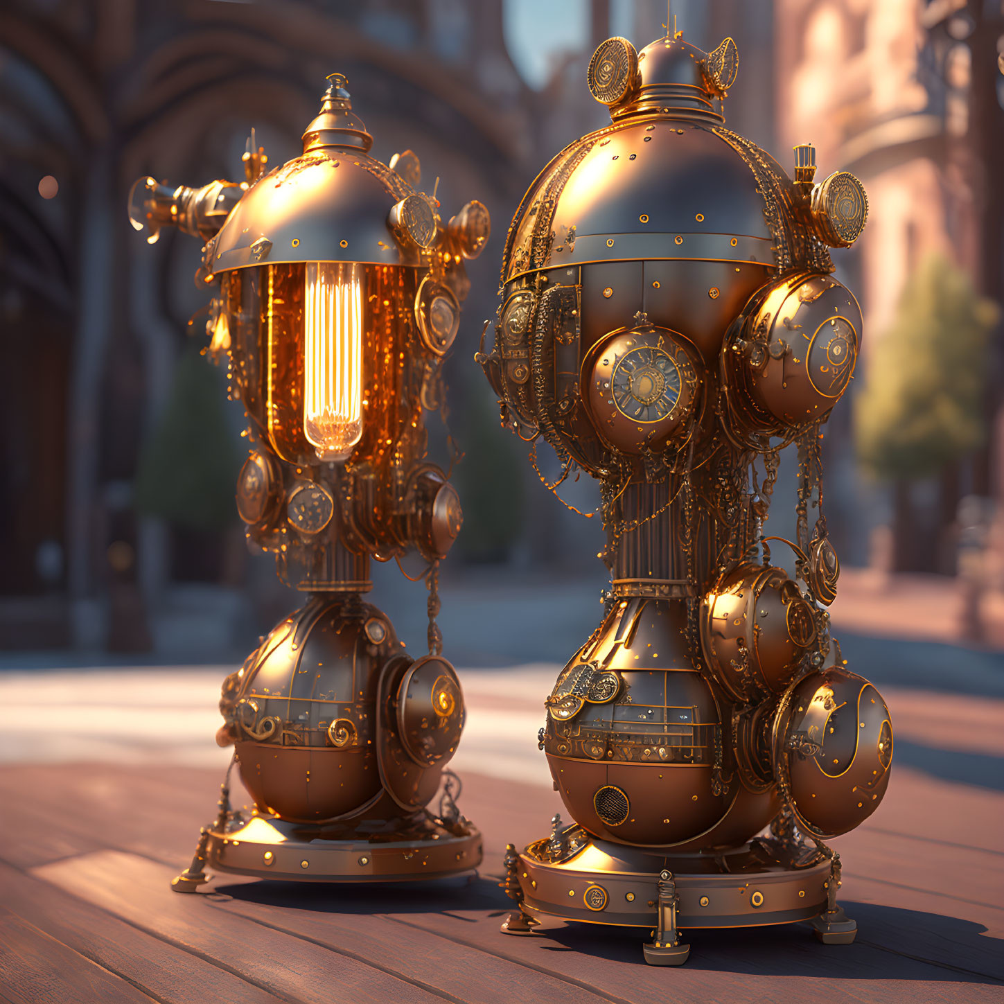 Ornate Steampunk-Style Robotic Figures on Blurred Architectural Background